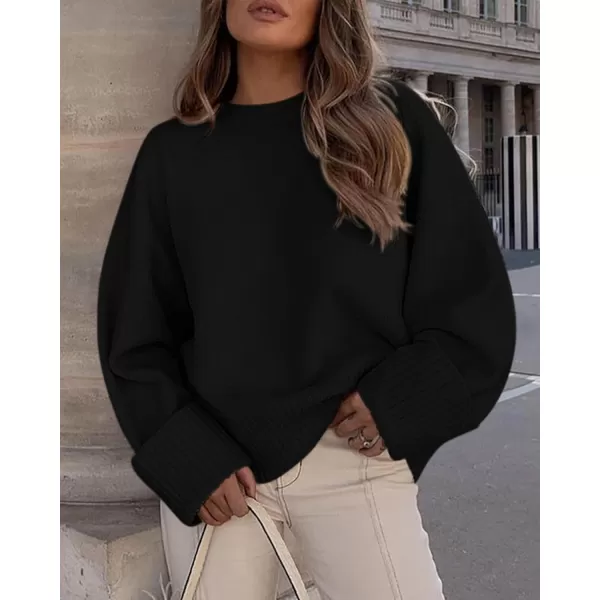 imagePRETTYGARDEN Womens Fall Oversized Sweaters Casual Crewneck Pullover Long Sleeve Fuzzy Chunky Knit Tops BlouseBlack