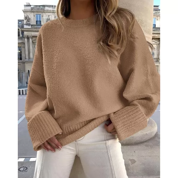 imagePRETTYGARDEN Womens Fall Oversized Sweaters Casual Crewneck Pullover Long Sleeve Fuzzy Chunky Knit Tops BlouseKhaki