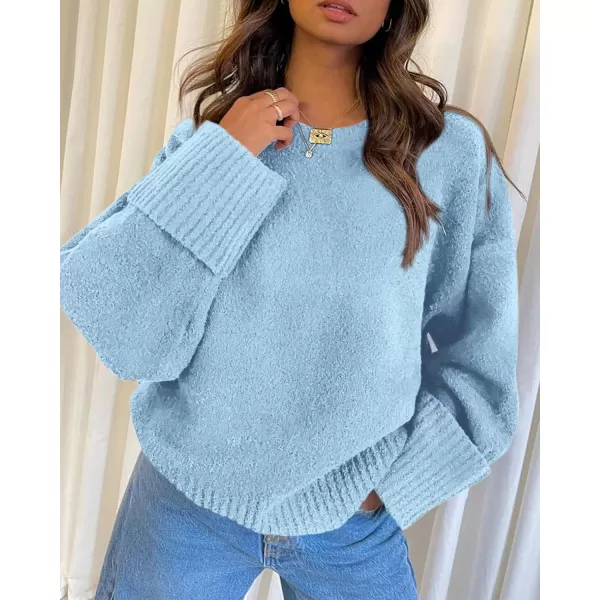 imagePRETTYGARDEN Womens Fall Oversized Sweaters Casual Crewneck Pullover Long Sleeve Fuzzy Chunky Knit Tops BlouseLight Blue