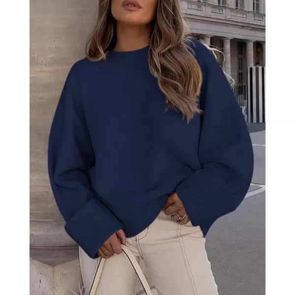 imagePRETTYGARDEN Womens Fall Oversized Sweaters Casual Crewneck Pullover Long Sleeve Fuzzy Chunky Knit Tops BlouseNavy