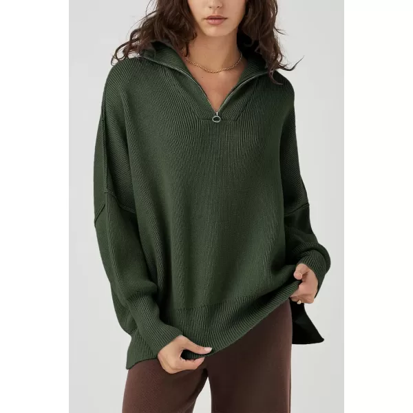 imagePRETTYGARDEN Womens Fall Pullover Oversized Sweaters Casual Long Sleeve Zip Up Lapel V Neck Knitted Winter TopsArmy Green