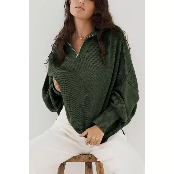imagePRETTYGARDEN Womens Fall Pullover Oversized Sweaters Casual Long Sleeve Zip Up Lapel V Neck Knitted Winter TopsArmy Green