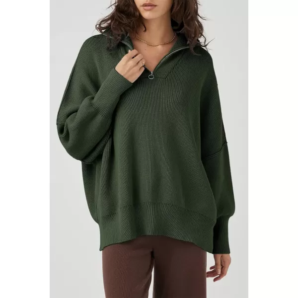 imagePRETTYGARDEN Womens Fall Pullover Oversized Sweaters Casual Long Sleeve Zip Up Lapel V Neck Knitted Winter TopsArmy Green