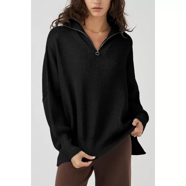 imagePRETTYGARDEN Womens Fall Pullover Oversized Sweaters Casual Long Sleeve Zip Up Lapel V Neck Knitted Winter TopsBlack