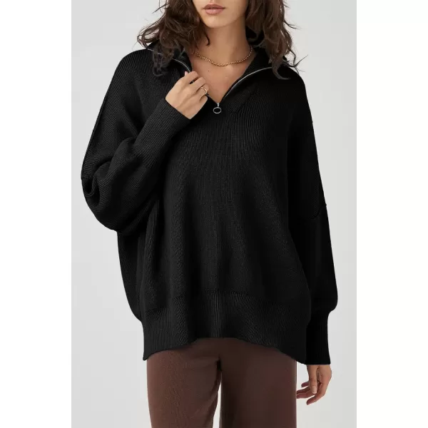 imagePRETTYGARDEN Womens Fall Pullover Oversized Sweaters Casual Long Sleeve Zip Up Lapel V Neck Knitted Winter TopsBlack