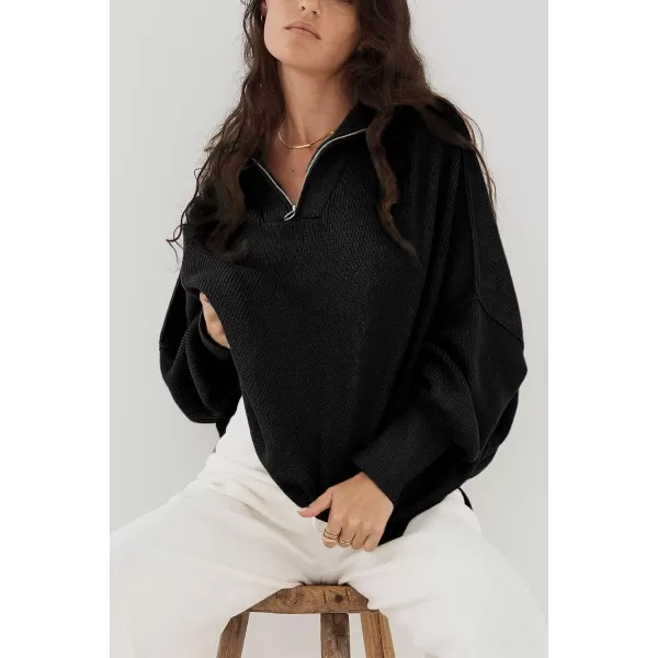imagePRETTYGARDEN Womens Fall Pullover Oversized Sweaters Casual Long Sleeve Zip Up Lapel V Neck Knitted Winter TopsBlack