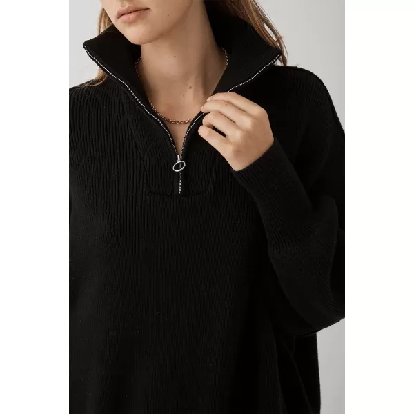 imagePRETTYGARDEN Womens Fall Pullover Oversized Sweaters Casual Long Sleeve Zip Up Lapel V Neck Knitted Winter TopsBlack