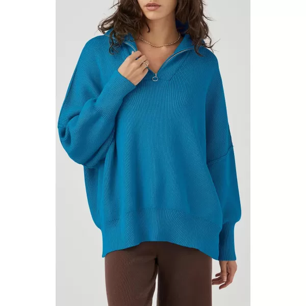 imagePRETTYGARDEN Womens Fall Pullover Oversized Sweaters Casual Long Sleeve Zip Up Lapel V Neck Knitted Winter TopsBlue