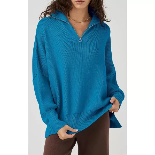 imagePRETTYGARDEN Womens Fall Pullover Oversized Sweaters Casual Long Sleeve Zip Up Lapel V Neck Knitted Winter TopsBlue