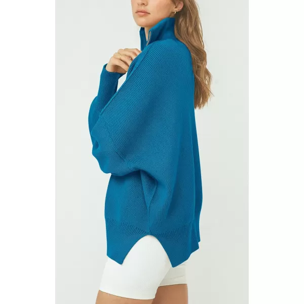 imagePRETTYGARDEN Womens Fall Pullover Oversized Sweaters Casual Long Sleeve Zip Up Lapel V Neck Knitted Winter TopsBlue