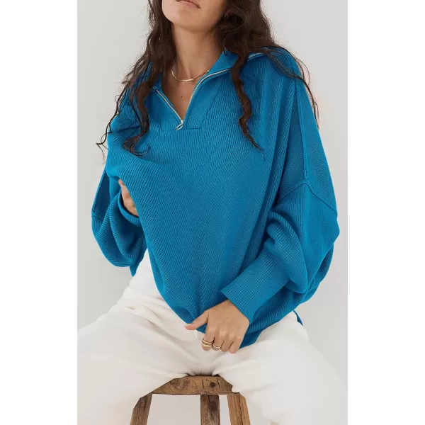 imagePRETTYGARDEN Womens Fall Pullover Oversized Sweaters Casual Long Sleeve Zip Up Lapel V Neck Knitted Winter TopsBlue