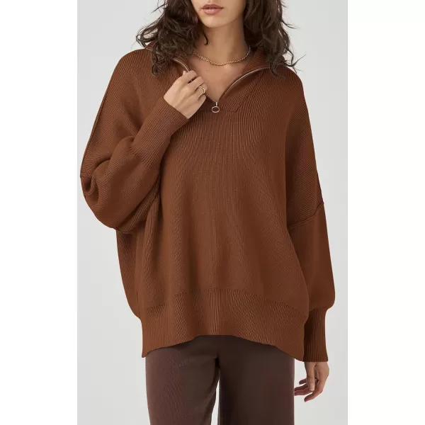 imagePRETTYGARDEN Womens Fall Pullover Oversized Sweaters Casual Long Sleeve Zip Up Lapel V Neck Knitted Winter TopsBrown