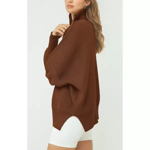 imagePRETTYGARDEN Womens Fall Pullover Oversized Sweaters Casual Long Sleeve Zip Up Lapel V Neck Knitted Winter TopsBrown