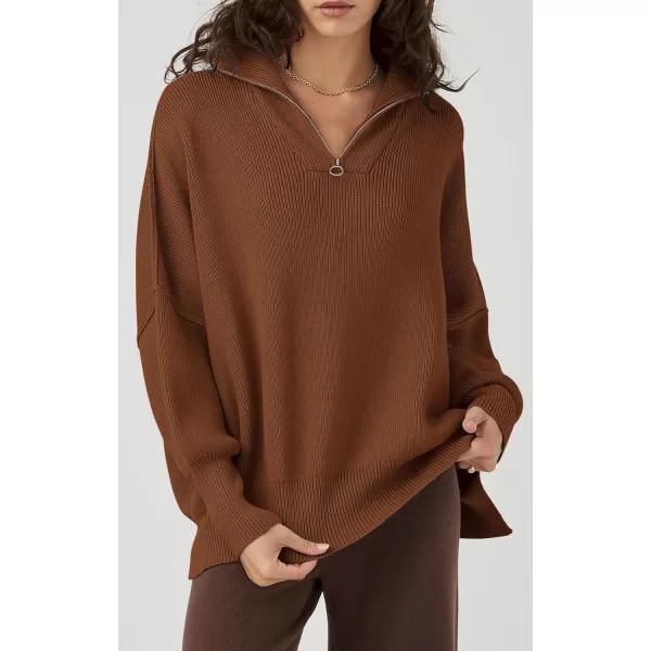 imagePRETTYGARDEN Womens Fall Pullover Oversized Sweaters Casual Long Sleeve Zip Up Lapel V Neck Knitted Winter TopsBrown
