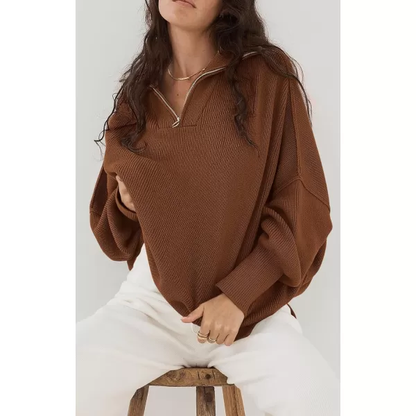 imagePRETTYGARDEN Womens Fall Pullover Oversized Sweaters Casual Long Sleeve Zip Up Lapel V Neck Knitted Winter TopsBrown