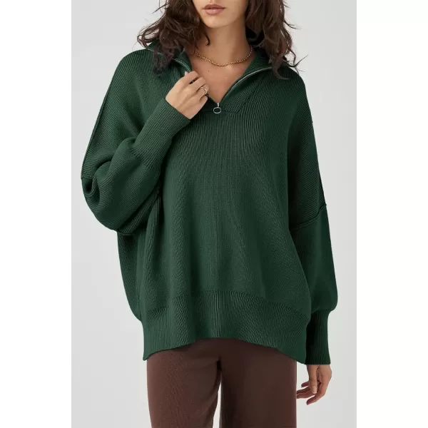 imagePRETTYGARDEN Womens Fall Pullover Oversized Sweaters Casual Long Sleeve Zip Up Lapel V Neck Knitted Winter TopsDark Green