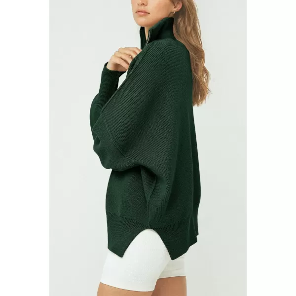 imagePRETTYGARDEN Womens Fall Pullover Oversized Sweaters Casual Long Sleeve Zip Up Lapel V Neck Knitted Winter TopsDark Green