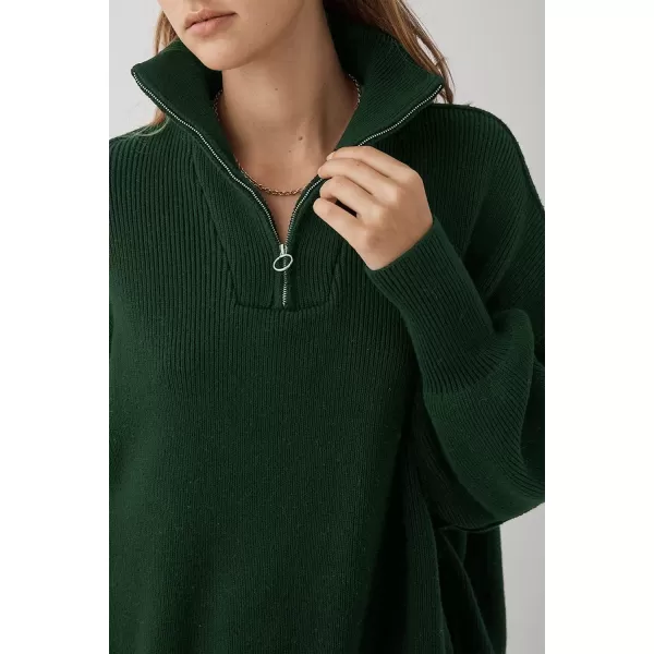 imagePRETTYGARDEN Womens Fall Pullover Oversized Sweaters Casual Long Sleeve Zip Up Lapel V Neck Knitted Winter TopsDark Green