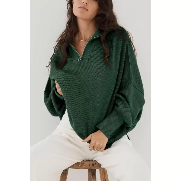 imagePRETTYGARDEN Womens Fall Pullover Oversized Sweaters Casual Long Sleeve Zip Up Lapel V Neck Knitted Winter TopsDark Green