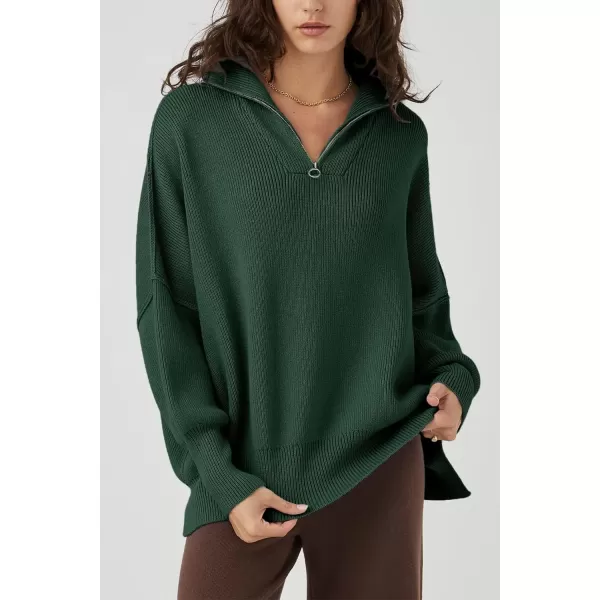 imagePRETTYGARDEN Womens Fall Pullover Oversized Sweaters Casual Long Sleeve Zip Up Lapel V Neck Knitted Winter TopsDark Green