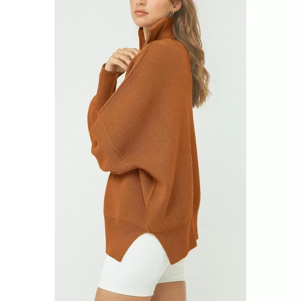 imagePRETTYGARDEN Womens Fall Pullover Oversized Sweaters Casual Long Sleeve Zip Up Lapel V Neck Knitted Winter TopsDark Khaki