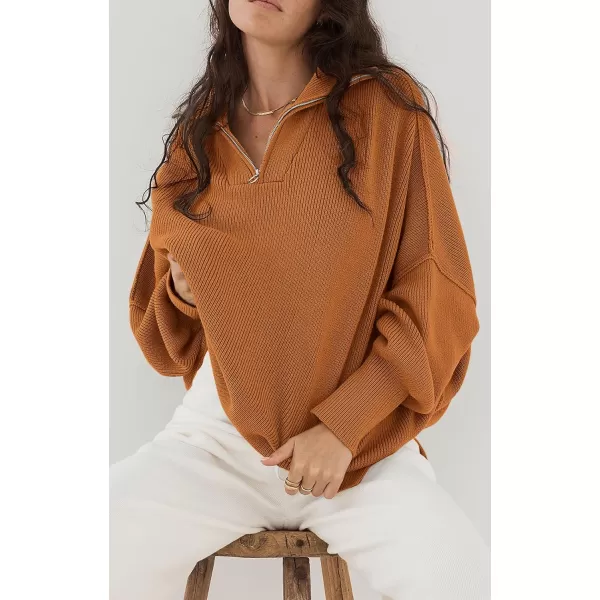 imagePRETTYGARDEN Womens Fall Pullover Oversized Sweaters Casual Long Sleeve Zip Up Lapel V Neck Knitted Winter TopsDark Khaki