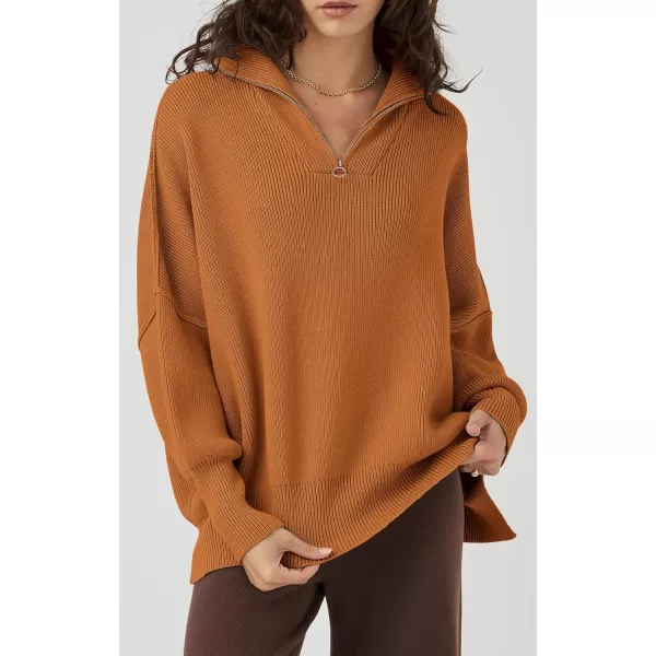 imagePRETTYGARDEN Womens Fall Pullover Oversized Sweaters Casual Long Sleeve Zip Up Lapel V Neck Knitted Winter TopsDark Khaki