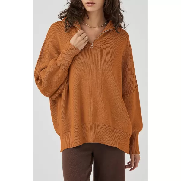imagePRETTYGARDEN Womens Fall Pullover Oversized Sweaters Casual Long Sleeve Zip Up Lapel V Neck Knitted Winter TopsDark Khaki
