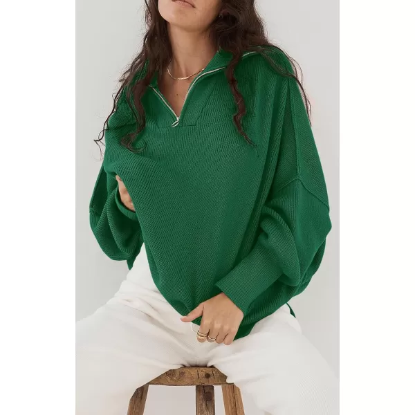 imagePRETTYGARDEN Womens Fall Pullover Oversized Sweaters Casual Long Sleeve Zip Up Lapel V Neck Knitted Winter TopsGreen