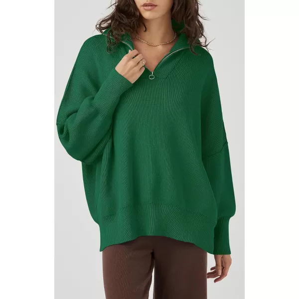 imagePRETTYGARDEN Womens Fall Pullover Oversized Sweaters Casual Long Sleeve Zip Up Lapel V Neck Knitted Winter TopsGreen