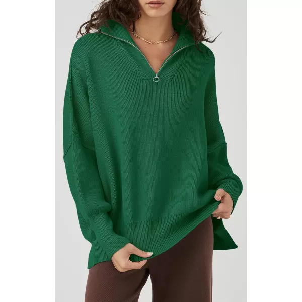 imagePRETTYGARDEN Womens Fall Pullover Oversized Sweaters Casual Long Sleeve Zip Up Lapel V Neck Knitted Winter TopsGreen