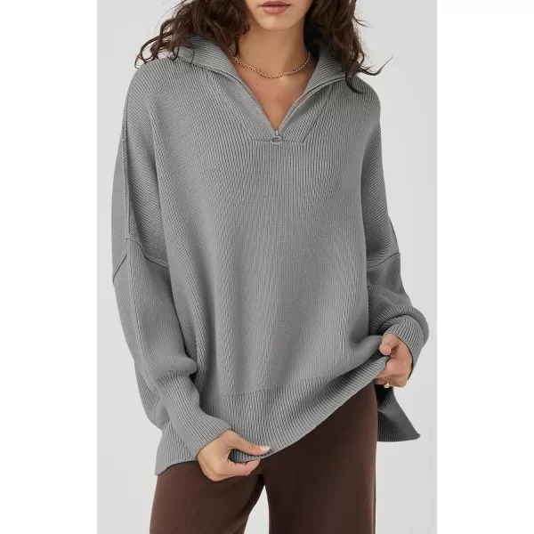 imagePRETTYGARDEN Womens Fall Pullover Oversized Sweaters Casual Long Sleeve Zip Up Lapel V Neck Knitted Winter TopsGrey