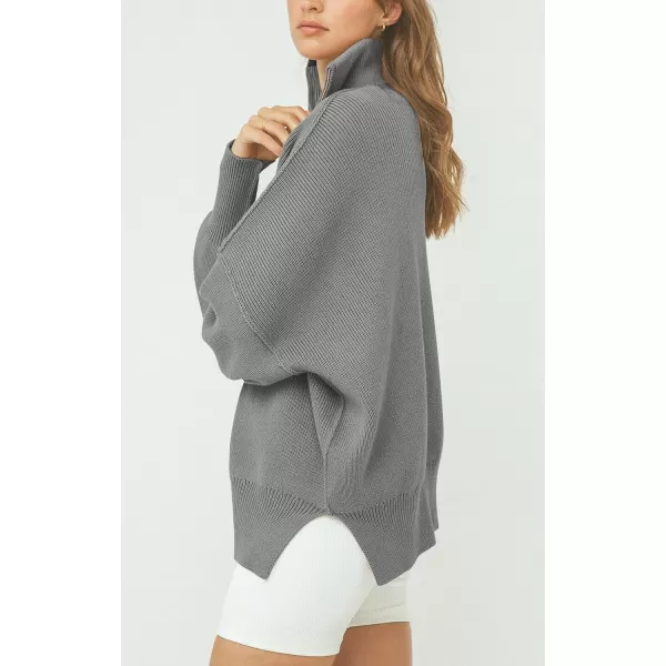 imagePRETTYGARDEN Womens Fall Pullover Oversized Sweaters Casual Long Sleeve Zip Up Lapel V Neck Knitted Winter TopsGrey
