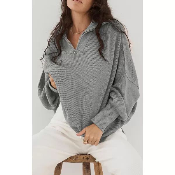 imagePRETTYGARDEN Womens Fall Pullover Oversized Sweaters Casual Long Sleeve Zip Up Lapel V Neck Knitted Winter TopsGrey