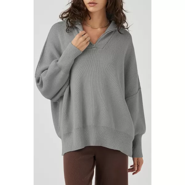 imagePRETTYGARDEN Womens Fall Pullover Oversized Sweaters Casual Long Sleeve Zip Up Lapel V Neck Knitted Winter TopsGrey