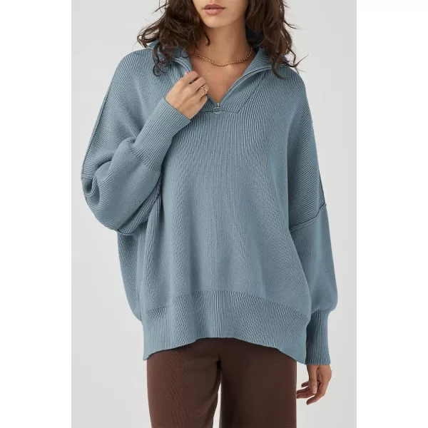 imagePRETTYGARDEN Womens Fall Pullover Oversized Sweaters Casual Long Sleeve Zip Up Lapel V Neck Knitted Winter TopsGrey Blue
