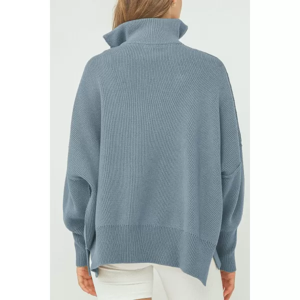 imagePRETTYGARDEN Womens Fall Pullover Oversized Sweaters Casual Long Sleeve Zip Up Lapel V Neck Knitted Winter TopsGrey Blue