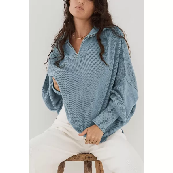 imagePRETTYGARDEN Womens Fall Pullover Oversized Sweaters Casual Long Sleeve Zip Up Lapel V Neck Knitted Winter TopsGrey Blue