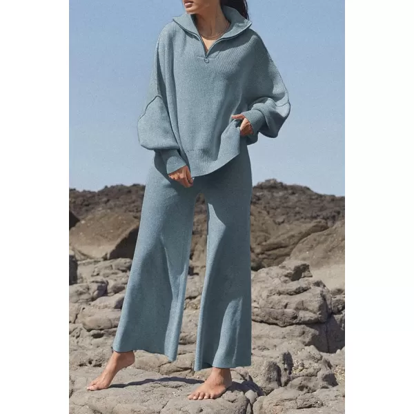 imagePRETTYGARDEN Womens Fall Pullover Oversized Sweaters Casual Long Sleeve Zip Up Lapel V Neck Knitted Winter TopsGrey Blue