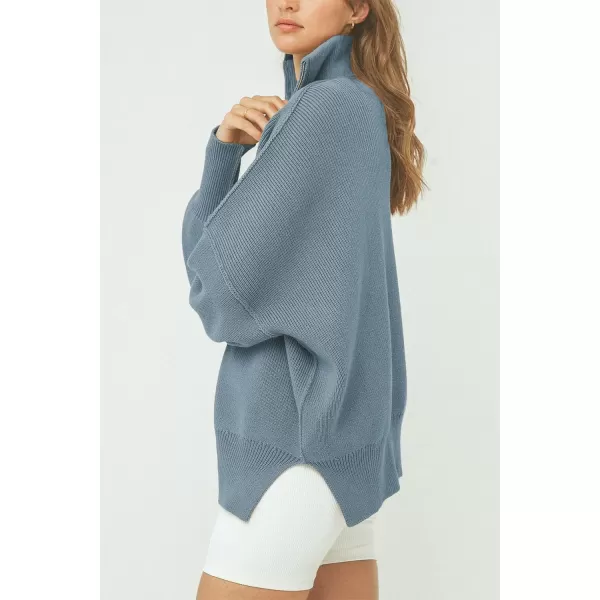 imagePRETTYGARDEN Womens Fall Pullover Oversized Sweaters Casual Long Sleeve Zip Up Lapel V Neck Knitted Winter TopsGrey Blue