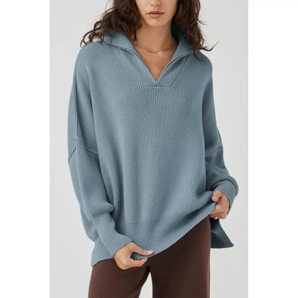 imagePRETTYGARDEN Womens Fall Pullover Oversized Sweaters Casual Long Sleeve Zip Up Lapel V Neck Knitted Winter TopsGrey Blue
