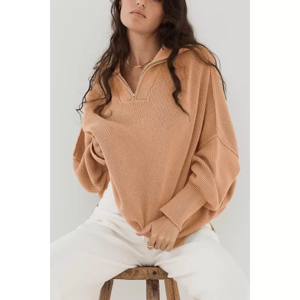 imagePRETTYGARDEN Womens Fall Pullover Oversized Sweaters Casual Long Sleeve Zip Up Lapel V Neck Knitted Winter TopsKhaki