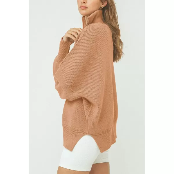 imagePRETTYGARDEN Womens Fall Pullover Oversized Sweaters Casual Long Sleeve Zip Up Lapel V Neck Knitted Winter TopsKhaki