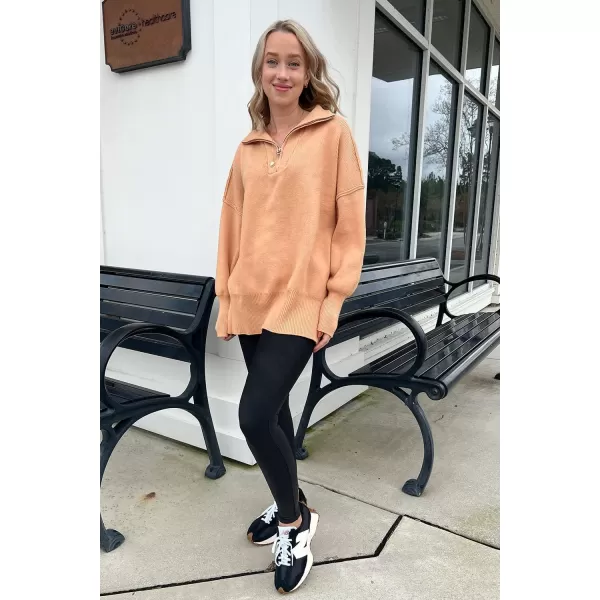 imagePRETTYGARDEN Womens Fall Pullover Oversized Sweaters Casual Long Sleeve Zip Up Lapel V Neck Knitted Winter TopsKhaki