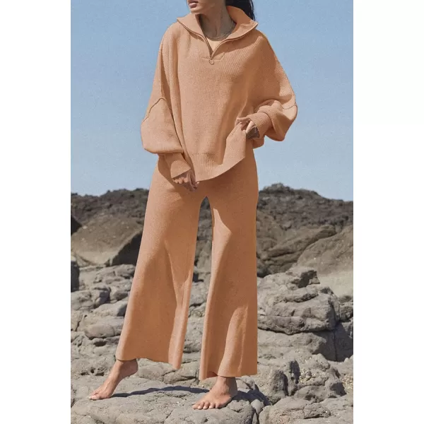 imagePRETTYGARDEN Womens Fall Pullover Oversized Sweaters Casual Long Sleeve Zip Up Lapel V Neck Knitted Winter TopsKhaki