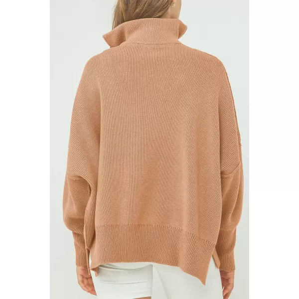 imagePRETTYGARDEN Womens Fall Pullover Oversized Sweaters Casual Long Sleeve Zip Up Lapel V Neck Knitted Winter TopsKhaki