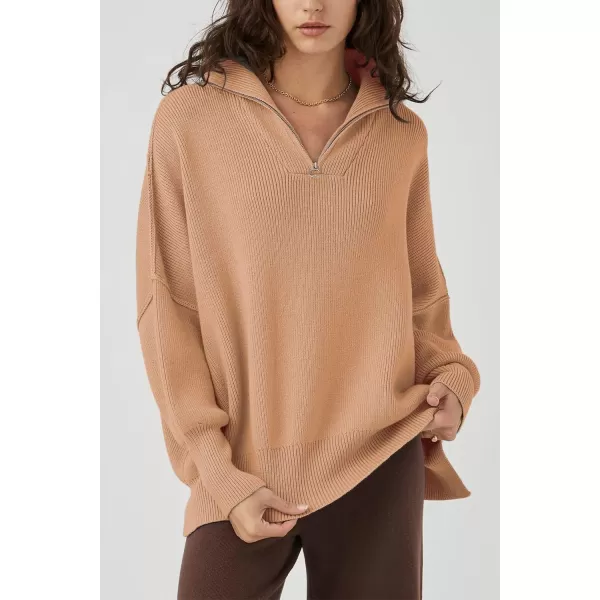 imagePRETTYGARDEN Womens Fall Pullover Oversized Sweaters Casual Long Sleeve Zip Up Lapel V Neck Knitted Winter TopsKhaki
