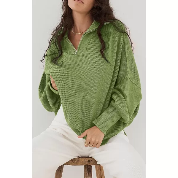 imagePRETTYGARDEN Womens Fall Pullover Oversized Sweaters Casual Long Sleeve Zip Up Lapel V Neck Knitted Winter TopsLight Green