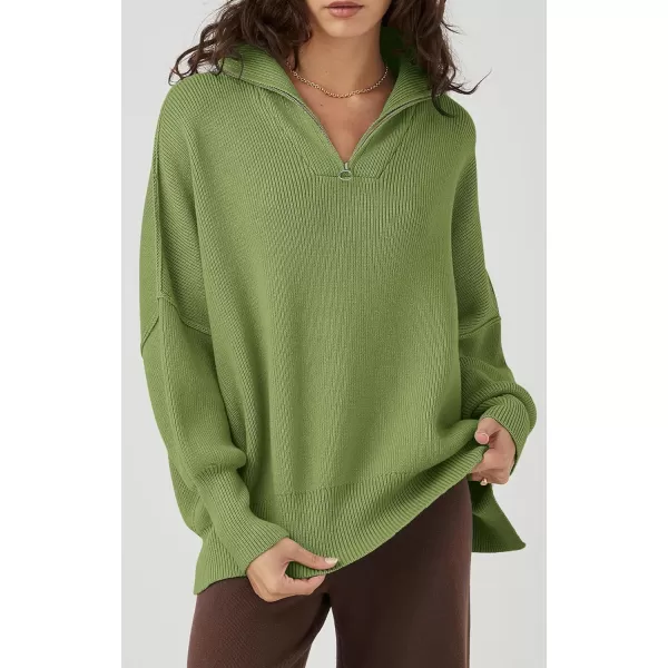 imagePRETTYGARDEN Womens Fall Pullover Oversized Sweaters Casual Long Sleeve Zip Up Lapel V Neck Knitted Winter TopsLight Green