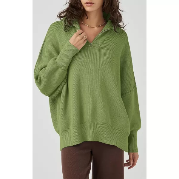 imagePRETTYGARDEN Womens Fall Pullover Oversized Sweaters Casual Long Sleeve Zip Up Lapel V Neck Knitted Winter TopsLight Green